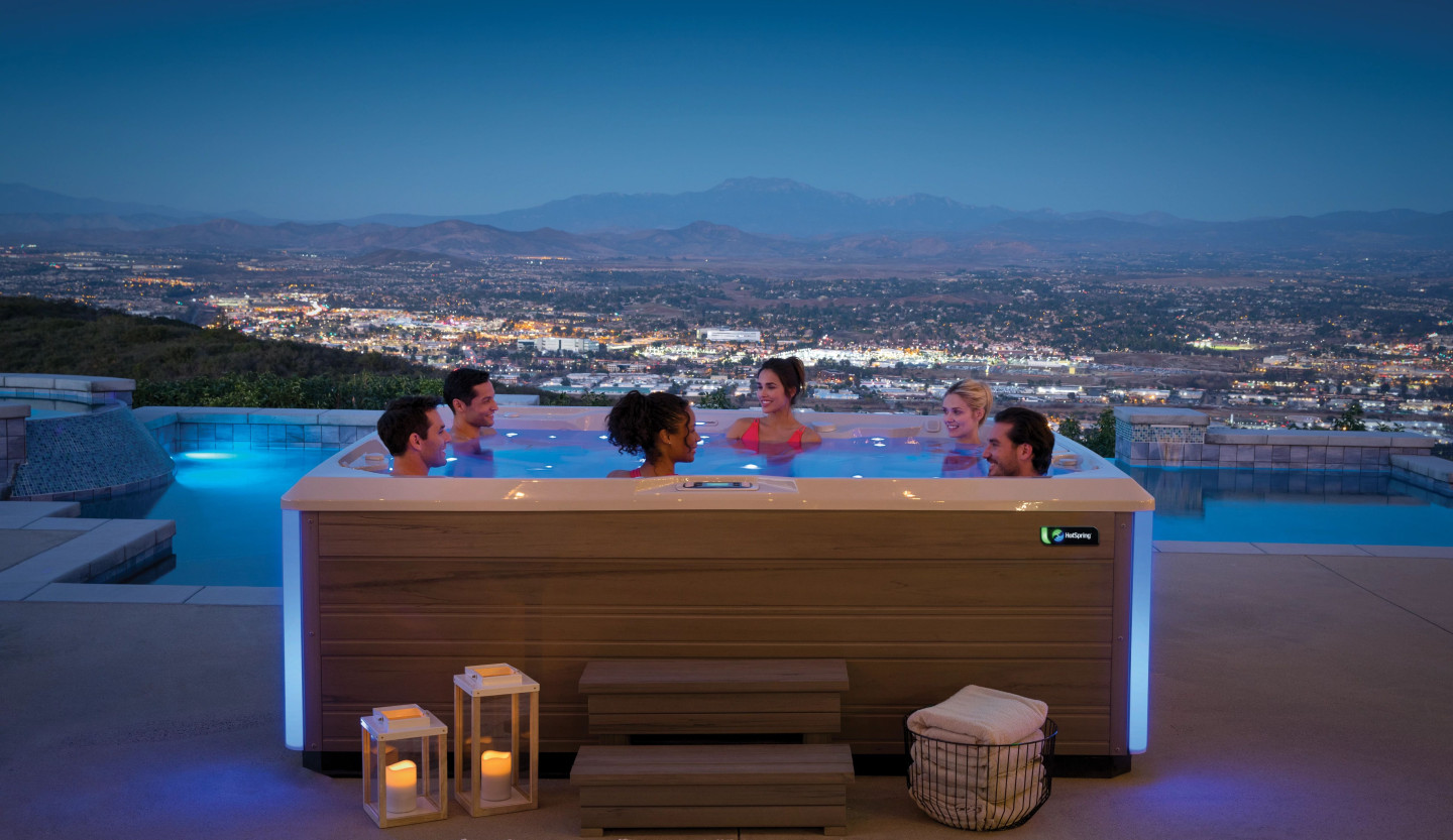 HotSpring Limelight 2020 Prism AlpineWhite Coastal Gray Lifestyle Group Night 01 4